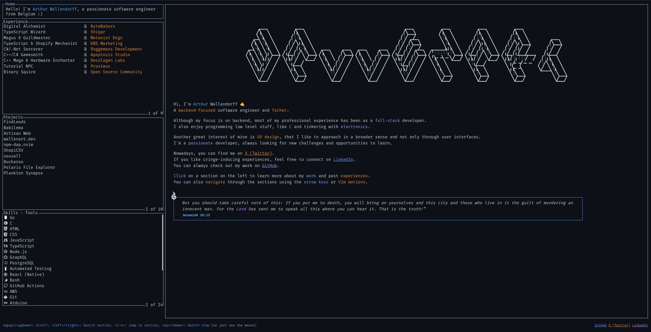 TUI portfolio website of Arthur Wallendorff Wallen Art